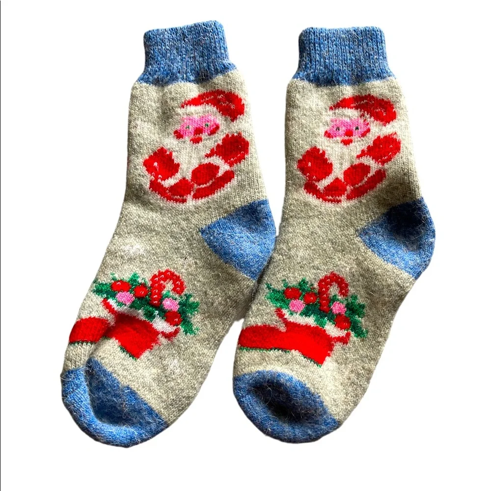 Christmas Socks 2 Pair Vintage Santa Clause Wool Crew Jolly Grumpy Knee Length